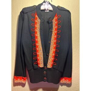 Vtg Anthony Sicari Black Sweater Cardigan, Red Oriental Design, Women’s SZ M